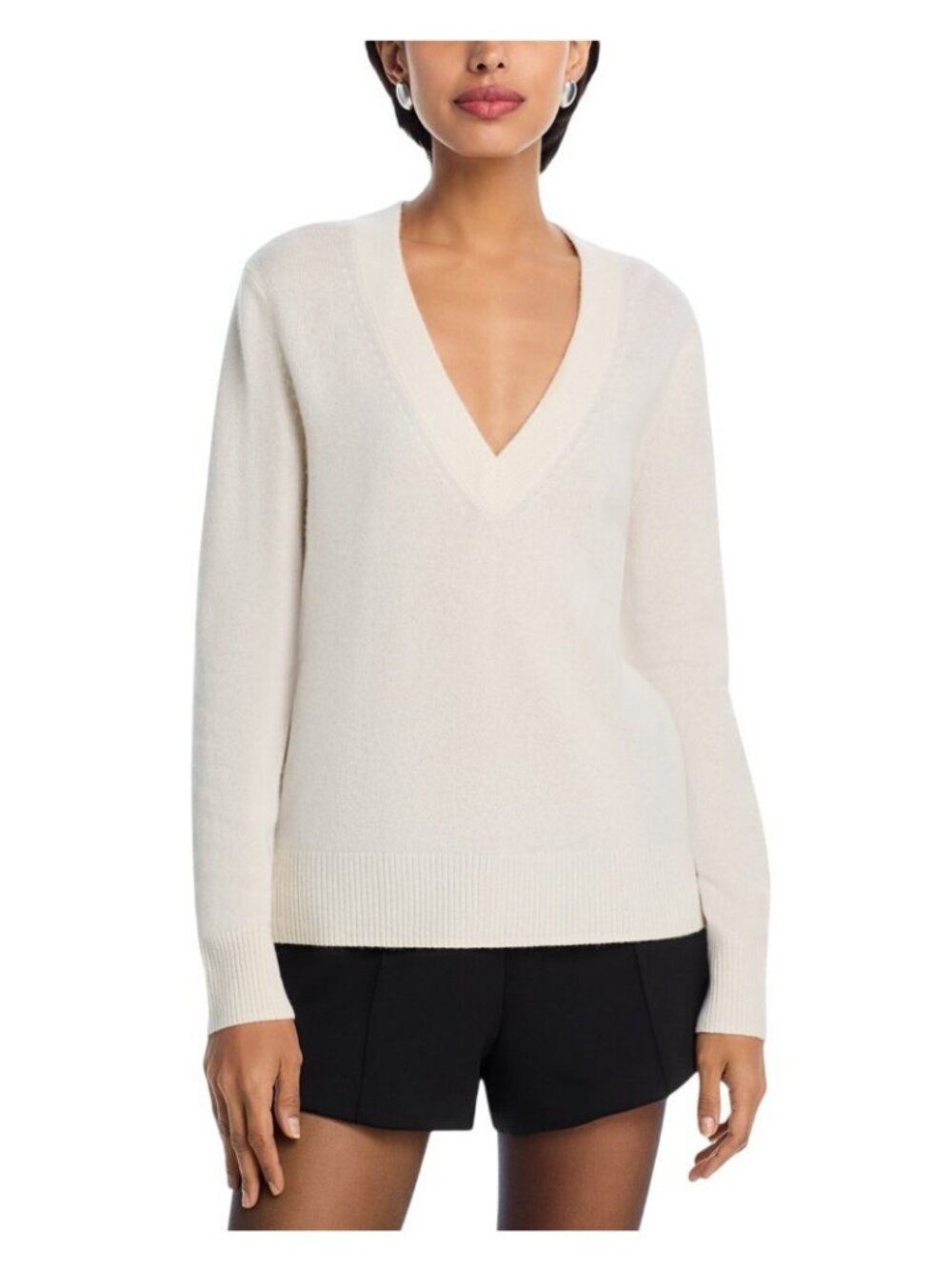 NWT Aqua Cashmere V-Neck Sweater V11599 Ivory Off White M